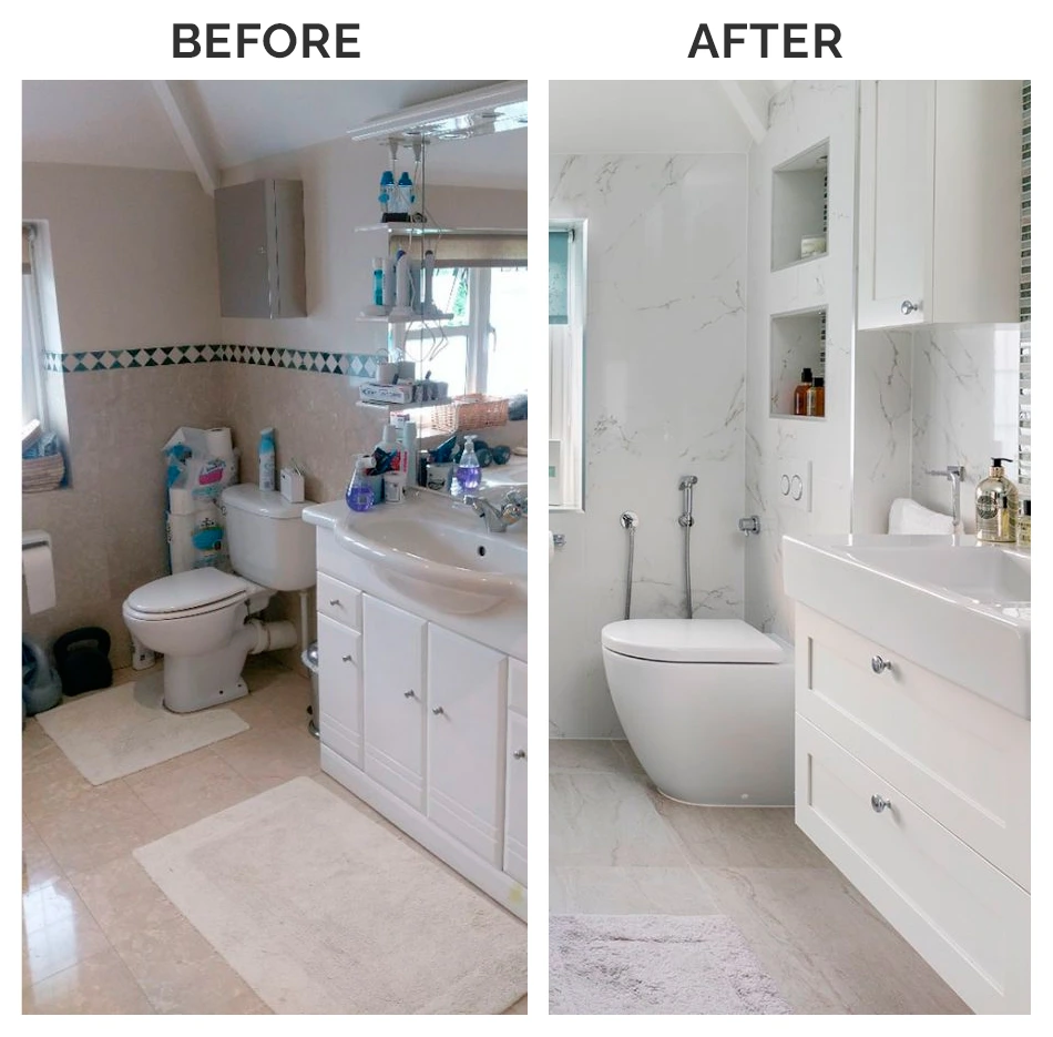 Bathroom remodel before and after with white marble tile in Bedford Park