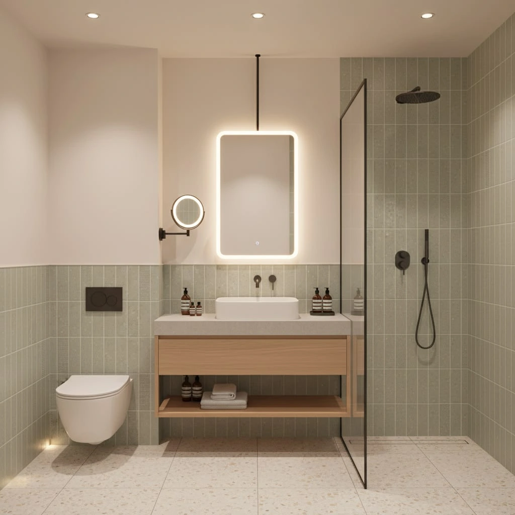 Clean modern bathroom with large beige wall tiles and glass shower enclosure