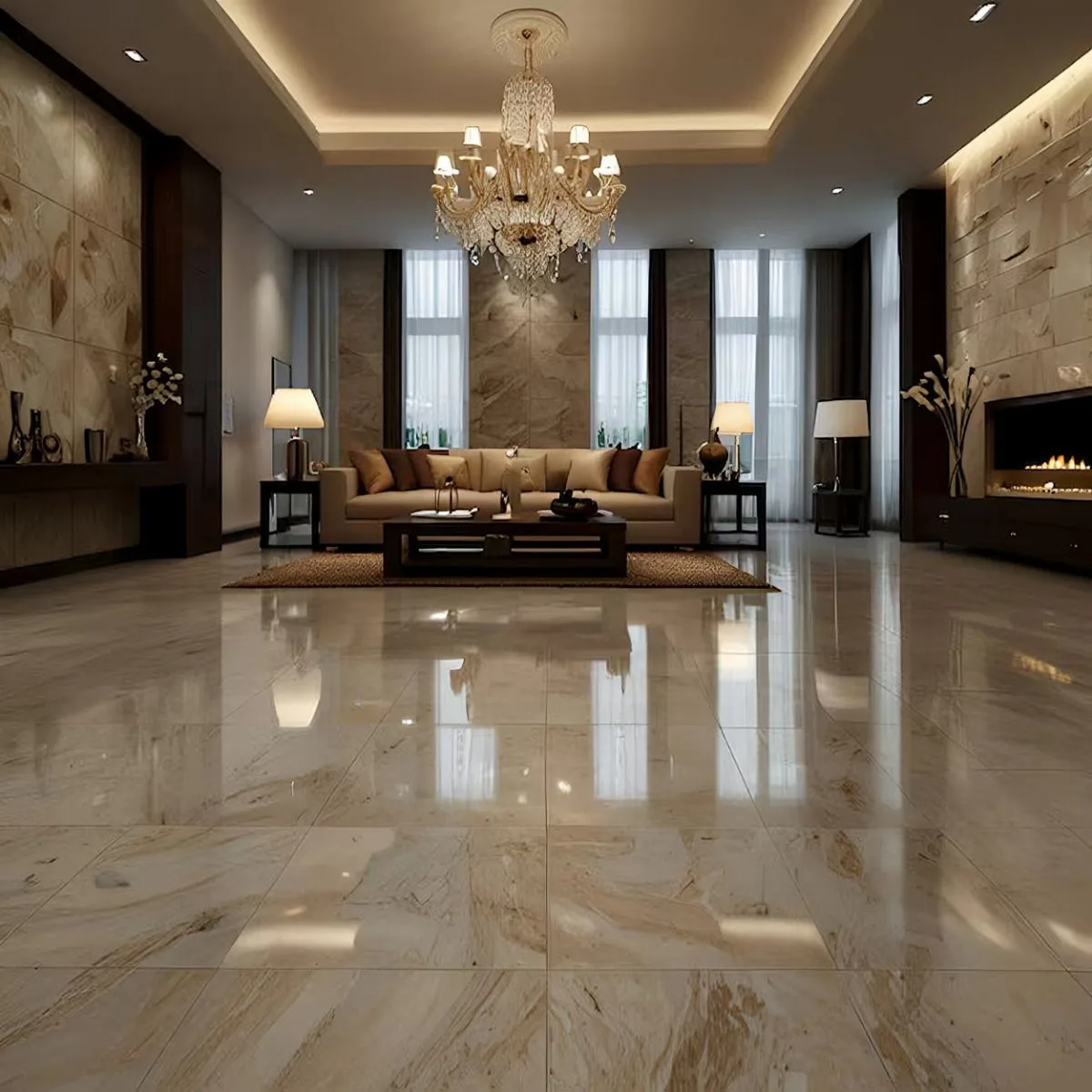 Polished beige marble floor tiles in a Bedford Park formal living room