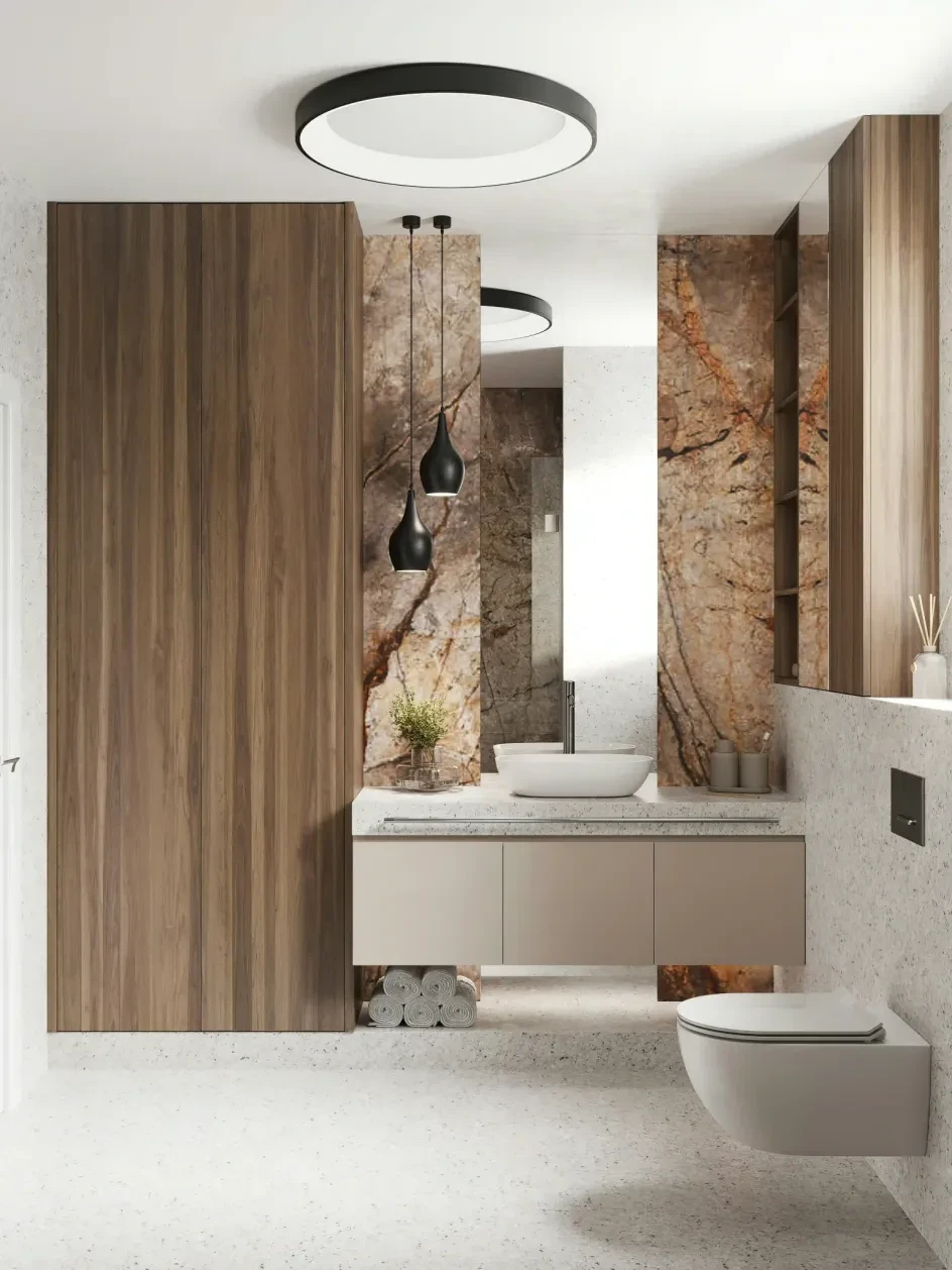Luxury bathroom with amber marble wall tile and wood cabinetry in Bridgeview