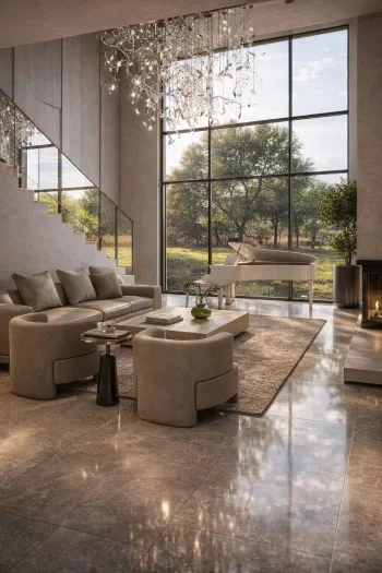 Luxury living room with polished marble floor installed by Chicago Tile Installer