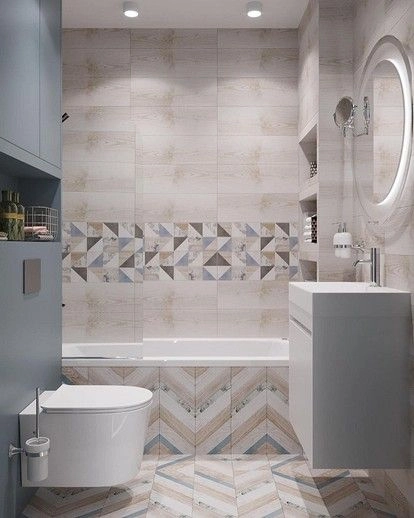 Kitchen island clad in colorful Moroccan patterned encaustic tiles with wood bar stools