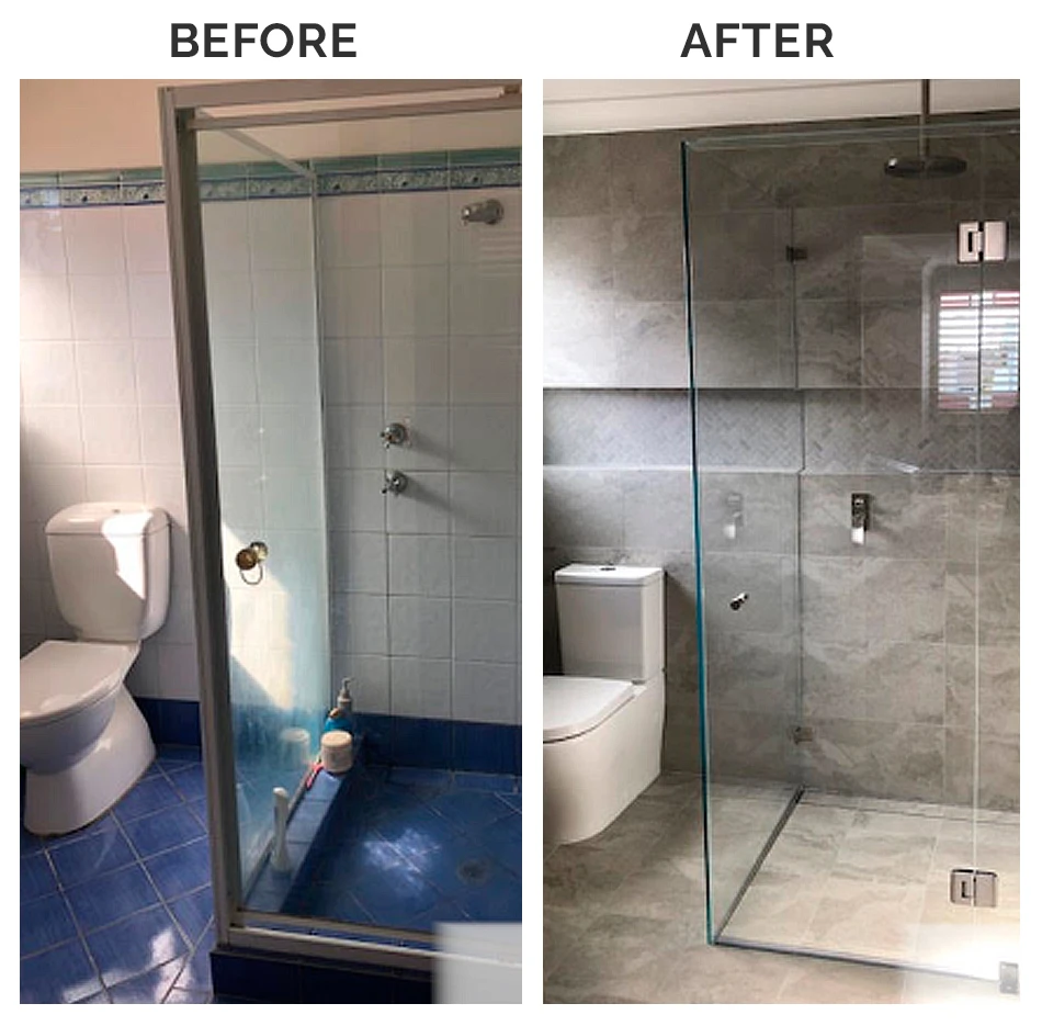 Bathroom shower tile renovation with gray porcelain and frameless glass