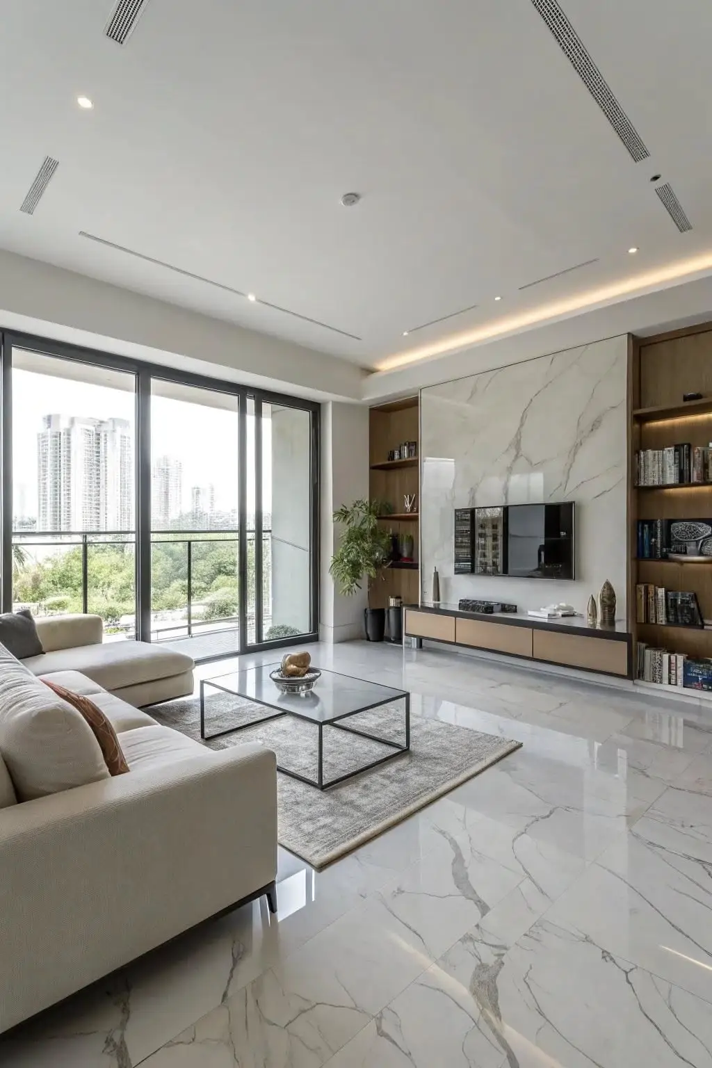 Modern apartment living room with white marble tile floor and marble feature wall